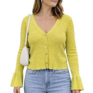 Chartreuse Ribbed Cardigan Ruffle Sleeve Cuff